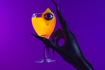 Sticker - A hand with long, sharp nails holds a glass of orange juice with a lemon wedge garnish.  The lemon wedge has a plastic eye in it. The background is purple.