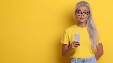 Sticker - A woman in glasses holding a cell phone against her chest, AI