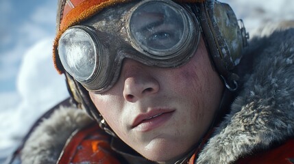 Close-up Portrait of a Determined Pilot in Winter