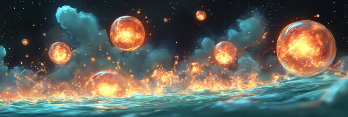 Sticker - Fiery orbs float in the night sky, illuminating a sea of flames.