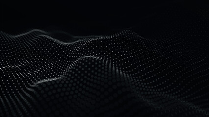 Poster - Futuristic point wave of particles. Visualization of sound waves. Technology or science banner. Abstract black and white digital 3D wave. Vector illustration.