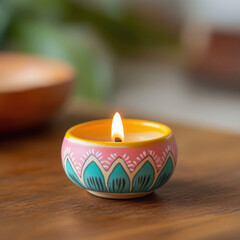 Sticker - colorful oil lamp for diwali festival on wooden table