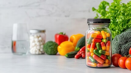 Glass vitamin bottle with colorful pills on a kitchen table, fresh herbs and vegetables around, healthy lifestyle