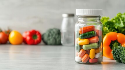 Glass vitamin bottle with colorful pills on a kitchen table, fresh herbs and vegetables around, healthy lifestyle