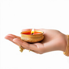 Poster - indian female hands holding oil lamps on white background