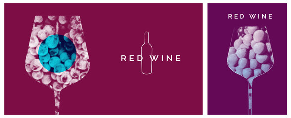 Poster - Background image of grapes and wine glass silhouette with vector halftone effect. Template for presentation cover, brochure, poster, banner. Ideal for wine designs.