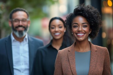 Wall Mural - group of three young multi ethnic business people walking outside office talking with colleagues in urban city outdoors. happy African American woman employee  smiling with manager, Generative AI