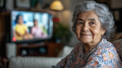 Smiling elderly woman in a floral shirt sits in front of a television watching a video call with two women.