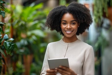 Happy joyful manager holding tablet outside. Young African American business woman using digital device, looking at camera, smiling. Working outside, Generative AI