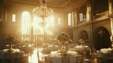 Wall Mural - Exquisite table settings beneath majestic chandeliers in an elegant reception area, with sunlight streaming through clear windows.