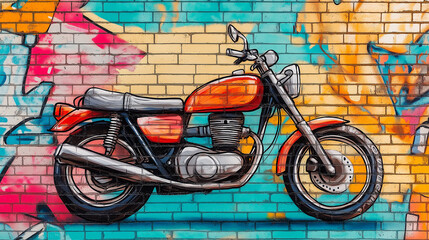 Pop art comic street graffiti with motorcycle on brick wall.