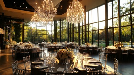 Wall Mural - Majestic chandeliers above beautifully set tables in an elegant reception area, with large clear windows allowing sunlight.