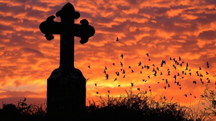 Wall Mural - Silhouetted Cross Against a Vibrant Sunset Sky