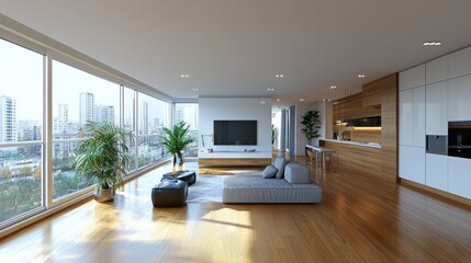 Modern studio apartment captured in 360 equirectangular style, with large clear windows filling the space with natural light.