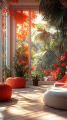 Canvas Print - Sun-drenched room with large windows overlooking lush greenery.