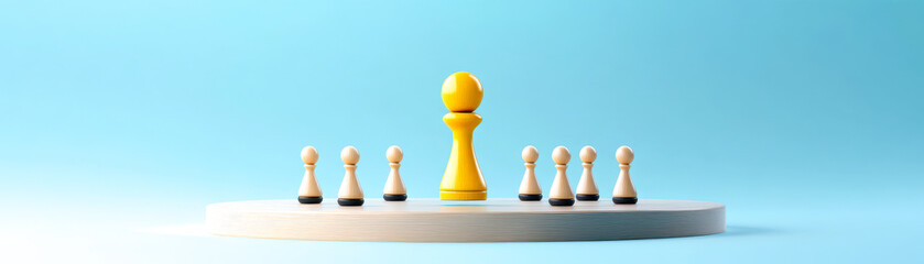 A vibrant scene featuring a yellow pawn standing confidently before a row of white pawns, representing leadership and strategy.