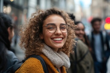 Wall Mural - Happy business people, students having fun, smiling, talking in the city, Generative AI