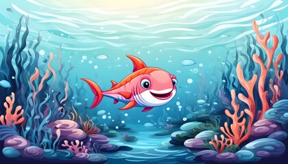 Wall Mural - Cheerful Cartoon Shark Swimming in a Vibrant Blue Ocean Filled with Bubbles and Joyful Energy for Kids