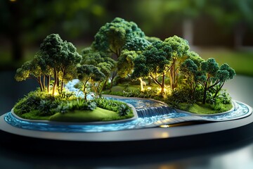 3D digital model of a rainforest ecosystem, with detailed trees, animals, and flowing rivers, all rendered in stunning realism