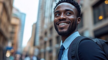 Canvas Print - Business, happy and walking black man on city journey, commute trip and realtor smile on way to office building. Happiness, career expert and African real estate agent on morning, Generative AI