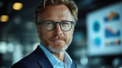 Wall Mural - A professional man with a beard wearing glasses stands confidently in a sleek office environment, engaging with data presentations on a screen