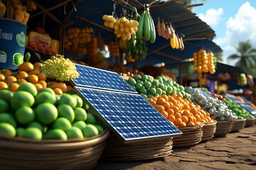 Poster - 3D digital model of a rural market with solar-powered stalls, where every detail from produce to vendor stands is fully animated in a vibrant, lifelike digital scene