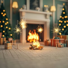 Canvas Print - Christmas Fireplace with Sparklers and Gifts.