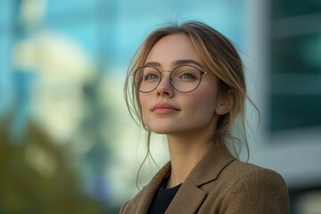 Canvas Print - Portrait of young successful entrepreneur woman standing over modern company office building. Startup, vision and female empowerment, Generative AI