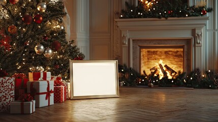 A realistic mockup of a empty landscape horizontal frame, placed on the floor in front of a Christmas tree with presents and decorations around it.