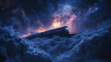 Wall Mural - a train is driving through the clouds, the starry sky, and the milky way. the photo is realistic, wi