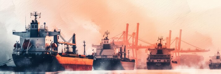 Cargo ships docked at a port with cranes in the background.