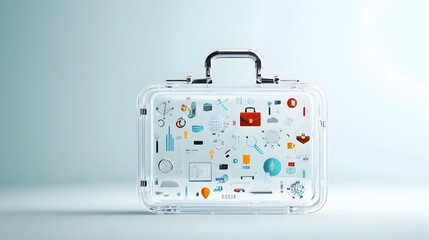 Poster - A businessman s briefcase made of transparent glass filled with colorful icons of various business tools symbolizing transparency in and processes within a corporate or professional setting