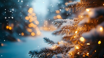 Poster - Peaceful and enchanting winter wonderland scene featuring a warmly lit Christmas tree set against a snowy background with soft lighting creating a magical and festive atmosphere