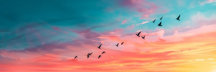 Silhouettes of birds flying against a vibrant, colorful sunset sky.