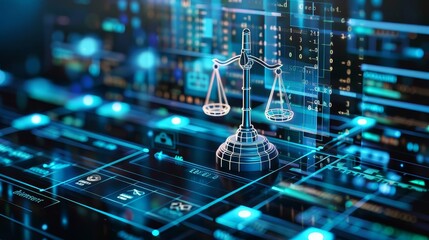 Digital scales of justice on a futuristic background.