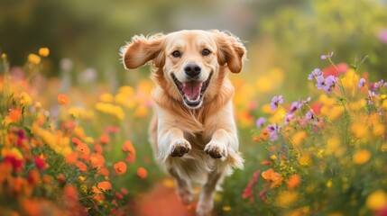 Poster - A playful photo of a dog bounding through a field of colorful wildflowers, with its fur and flowers creating a vibrant and cheerful contrast.