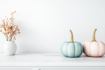 Pumpkins and dried flowers in white vase on white marble table