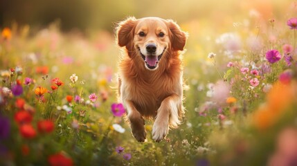 Wall Mural - A playful photo of a dog bounding through a field of colorful wildflowers, with its fur and flowers creating a vibrant and cheerful contrast.