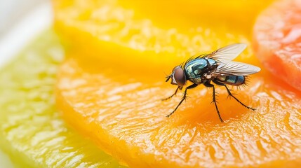 Poster - A close up shot of a plate filled with freshly sliced vibrant fruits like orange lemon and kiwi with a curious fly perched on the edge creating a striking contrast in the bright daylight