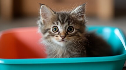 Poster - A playful shot of a curious kitten exploring a colorful litter box, with soft fur and bright eyes, capturing the innocent curiosity of young cats in a home setting.