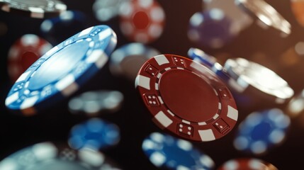 Dynamic shot of poker chips in motion, freezing the moment of anticipation and decision-making in a casino environment.