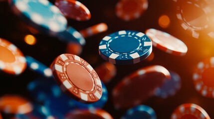 Dynamic shot of poker chips in motion, freezing the moment of anticipation and decision-making in a casino environment.