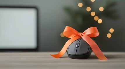 Poster - A computer mouse wrapped in a ribbon like a gift representing the excitement and deals of Cyber Monday online shopping
