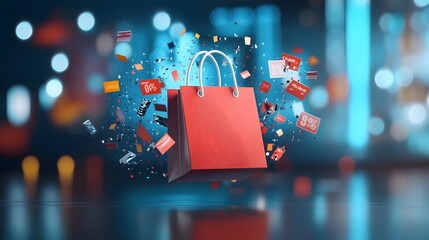 Poster - A digital shopping bag icon exploding with vibrant flashing sale banners and percentage signs illustrating the big savings and deals available on Cyber Monday or other major shopping events