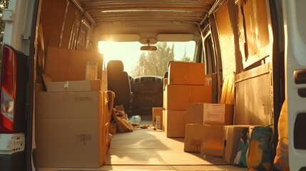 Poster - A half filled moving van with packed furniture boxes and personal belongings with bright sunlight streaming through the open back door