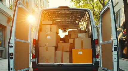Aufkleber - A half loaded moving van with packed furniture and boxes with sunlight streaming through the open back door