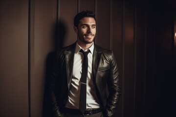 Portrait of a cheerful man in his 20s sporting a stylish leather blazer isolated in bare monochromatic room