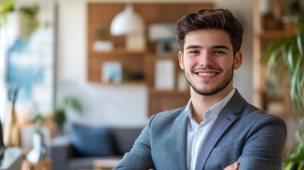 Poster - A professional portrait of a young male entrepreneur in a stylish office setting, with a clean, modern background and a confident, approachable demeanor.