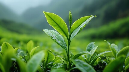 Fresh Green Tea Leaves with Dew Drops in Tea Plantations