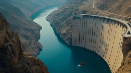 Poster - A majestic dam holding back a vast reservoir of water symbolizing the delicate balance between controlling and utilizing the power and resource of water for human needs and the environment